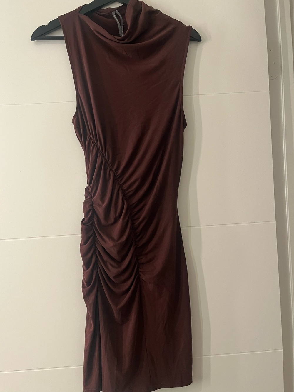 Anthropologie Brown Ruched Asymmetrical Midi Dress Size S